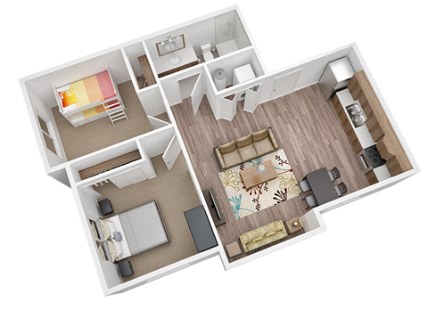 Floor plan for 2 beds, 1 bath, 812 sqft